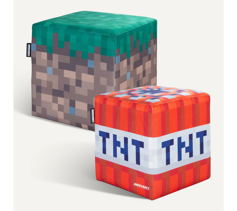 Lot De 2 Poufs En Velours - Bloc D’herbe Et Cube Tnt Minecraft