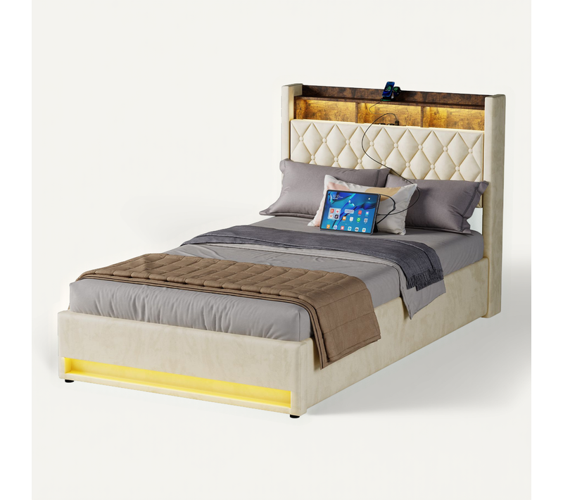 Lit Coffre Adulte 140x190cm, Avec éclairage LED, Port USB Et Prise électrique, Velours, Beige