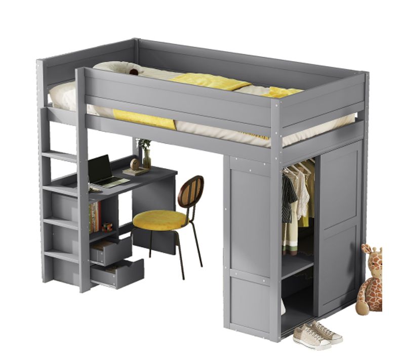 Lit Mezzanine 90x200 cm Polyvalent Avec Armoire, Bureau Et Tiroirs, Gris