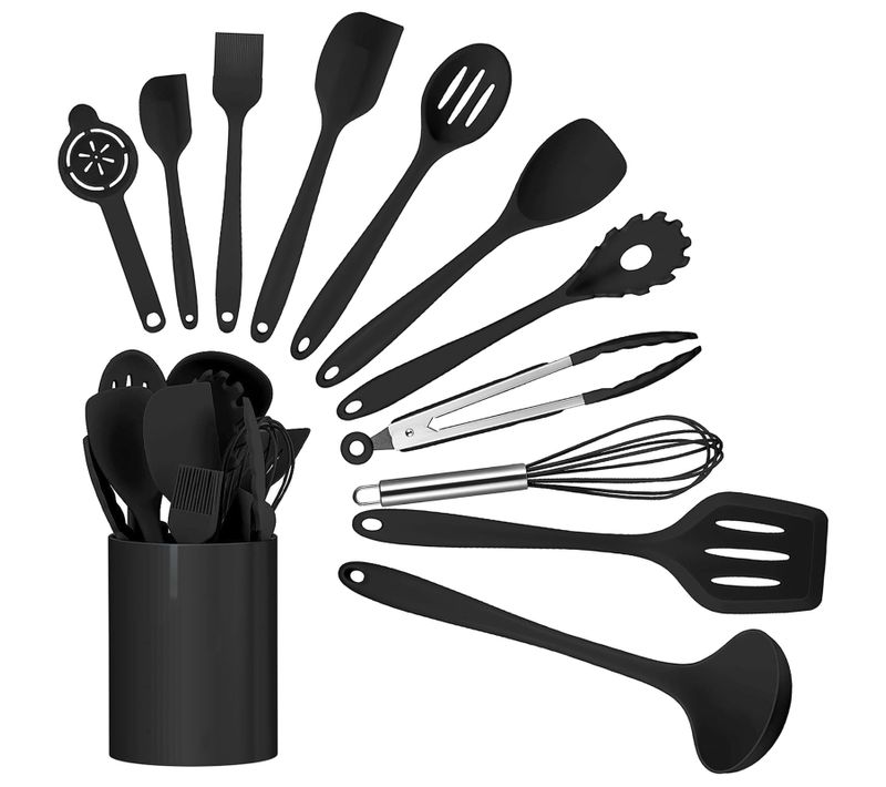 Set De 12 Ustensiles De Cuisine, Résistant à La Chaleur Jusqu'à 210°c, En Silicone, Noir