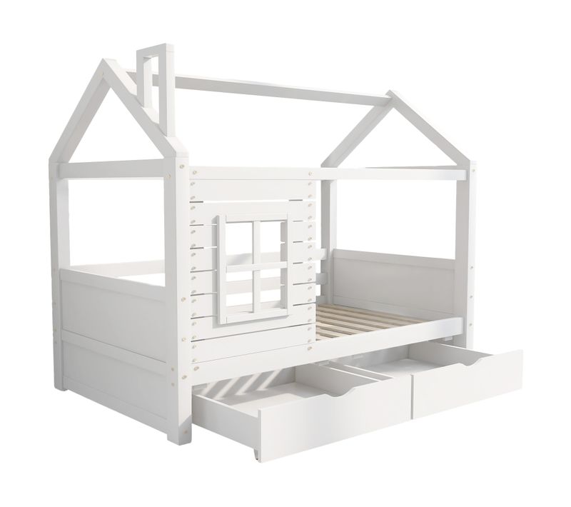 Lit Cabane Enfant 90x200 Cm Avec Fenêtres, Tiroirs Et Barrière De Sécurité, Bois Massif Blanc