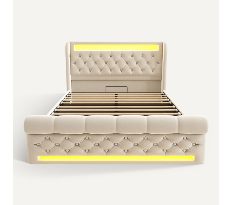 Lit Double 160x200 Cm Avec LED, Ports USB-c, Coffre Hydraulique, Tête De Lit En Velours Beige
