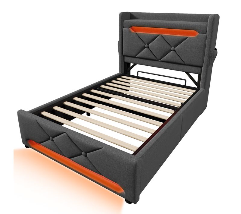 Lit Simple 90x200 Cm Avec LED 360°, Tête De Lit USB-c, Rangement Hydraulique, Tissu Gris