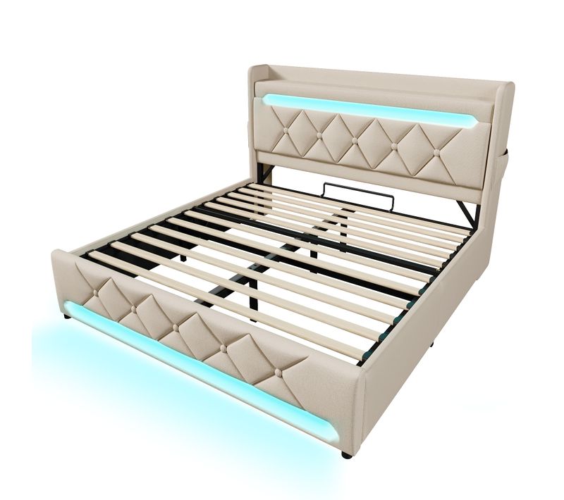 Lit Simple 160x200 Cm Avec LED 360°, Tête De Lit USB-c, Rangement Hydraulique, Tissu Beige