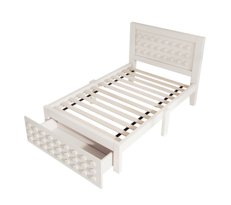 Lit Enfant 90x200 Cm En Bois Massif, Design Bloc Créatif, Rangement Tiroir Et Sous-lit, Blanc