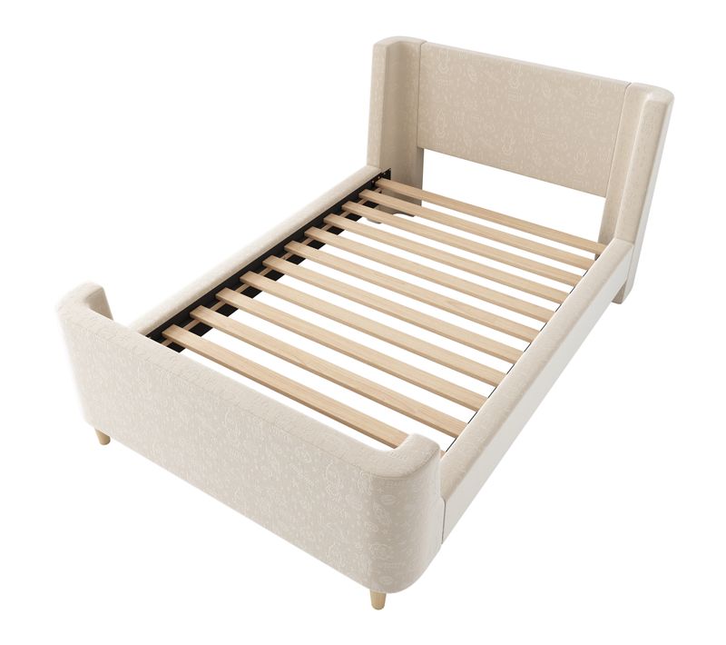 Lit Enfant 90x200 Cm En Velours Beige, Design Luge Avec Motifs Cosmiques, Pour Garçons Et Filles
