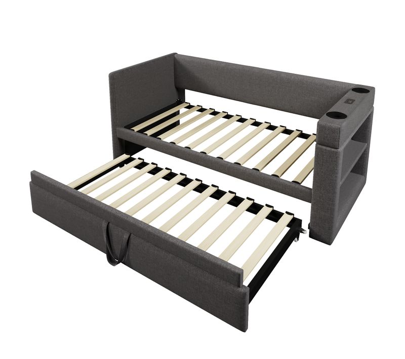 Lit gigogne 90x190 Cm Avec Lit Gigogne, Accoudoirs USB Et Type-c, Lin Gris, Sans Matelas