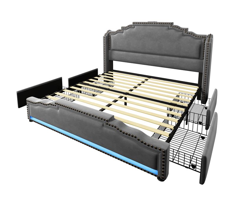 Lit Double 140×200 Cm En Velours Gris Avec LED, 4 Tiroirs Et Ports USB-c – Cadre Robuste
