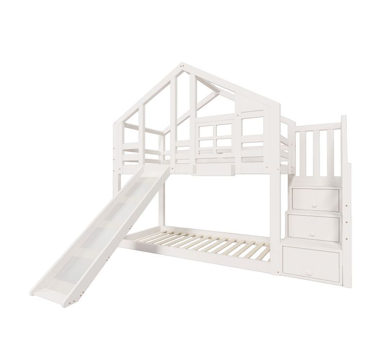 Lit Superposé Cabane Enfant 90x200 Cm Avec Toboggan, Rangements Et Protections, Blanc