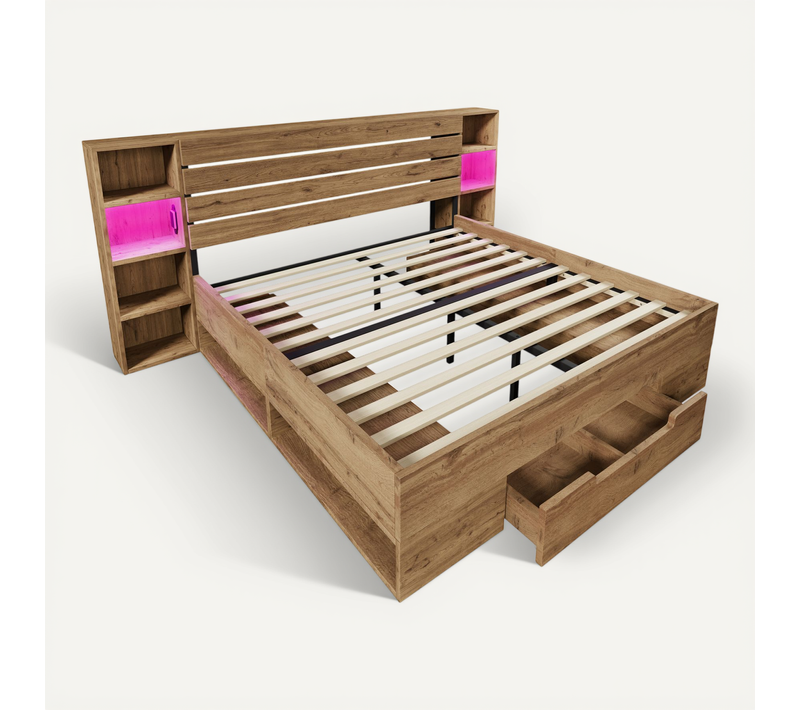 Lit Double 160x200 Cm En Bois Massif Avec LED, USB-c, Rangement Et Tiroirs, Chêne