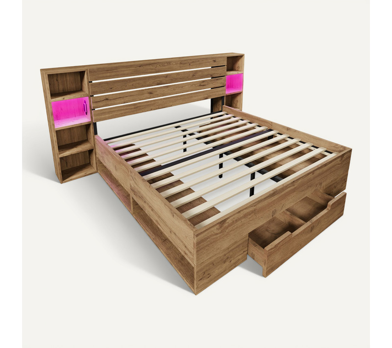 Lit Double 180x200 Cm En Bois Massif Avec LED, USB-c, Rangement Et Tiroirs, Chêne