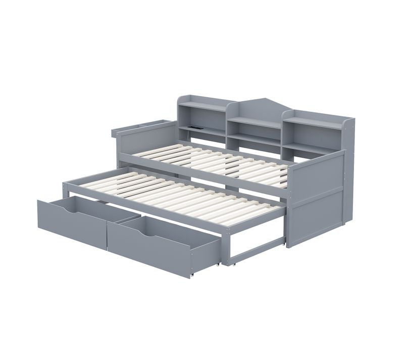 Lit gigogne 90x200 Cm Avec Lit Gigogne, Rangement Et Prise USB, Bois Massif Gris