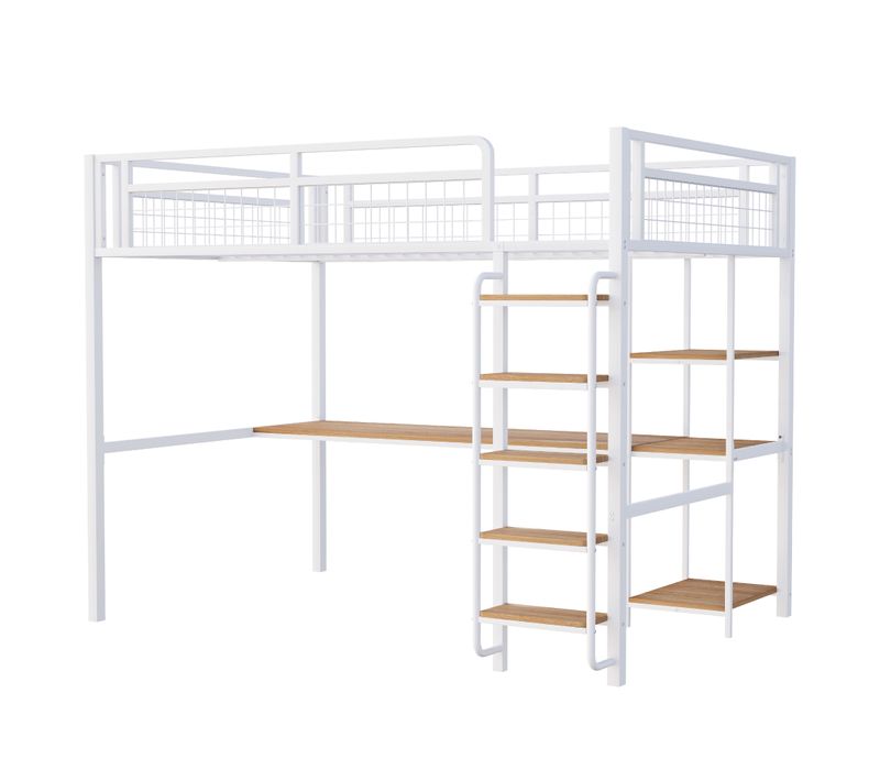 Lit Mezzanine Métal 140x200 Cm Avec Sécurité, Bureau, Étagères Et Escalier, Blanc