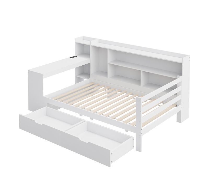 Canapé-lit Multifonction En Bois Massif 90x200 Cm Avec Bureau Et Rangements, Blanc