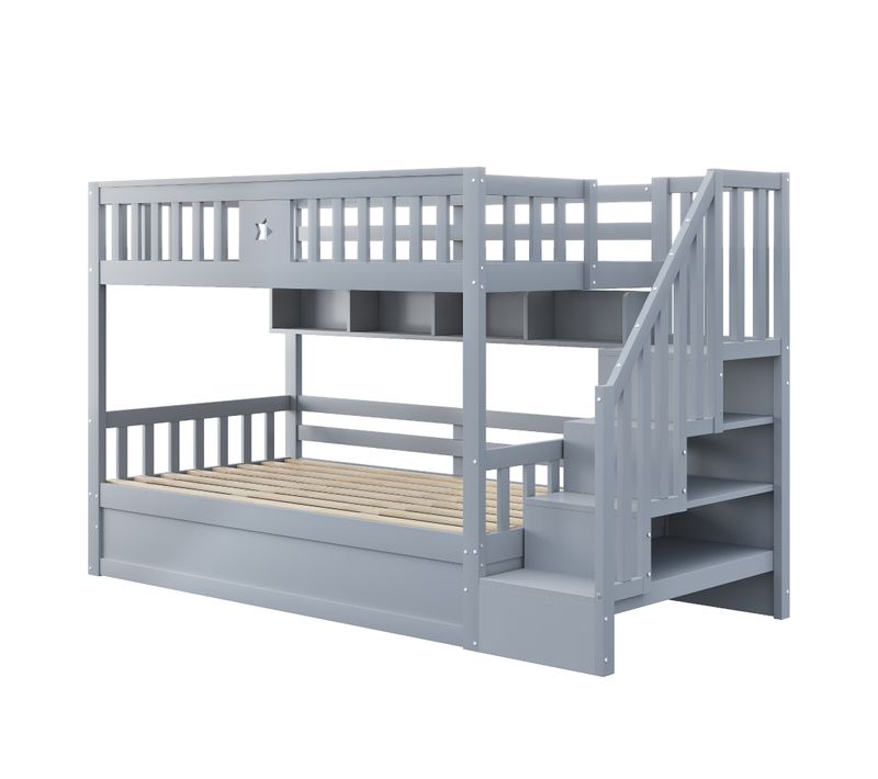 Lit Superposé 90x200 Cm En Bois Avec Rangement Hydraulique, Escaliers Et Étagères – Gris