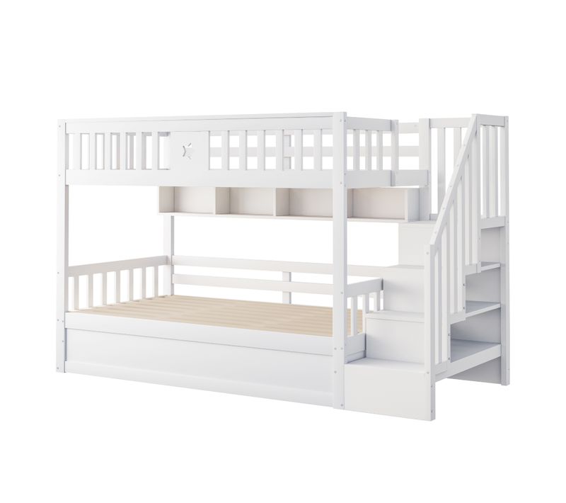 Lit Superposé 90x200 Cm En Bois Avec Rangement Hydraulique, Escaliers Et Étagères – Blanc