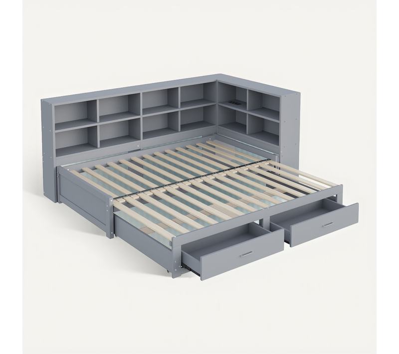 Lit Gigogne 90/180x190 Cm En Bois Massif Avec Lit Gigogne, Tiroirs Et Prise – Gris