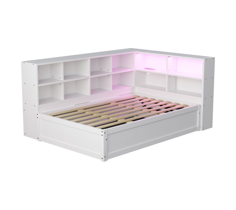 Lit Banquette 90x200 Cm En Bois Massif Avec LED, Prises Et Rangements – Blanc