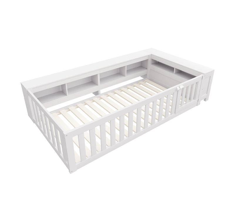 Lit Enfant Multifonction 90x200 Cm Avec Rangements Et Barrières De Sécurité, Blanc