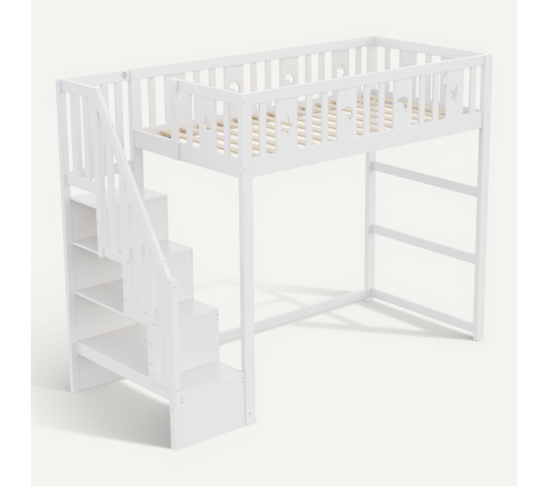 Lit Mezzanine 90x200 Cm En Bois Blanc Avec Escalier, Décor étoiles Et Lune