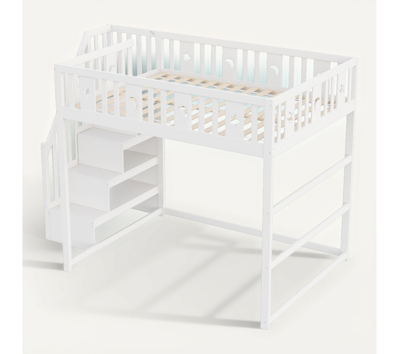 Lit Superposé 140x200 Cm En Bois Blanc Avec Escalier Et Décor étoiles Et Lune