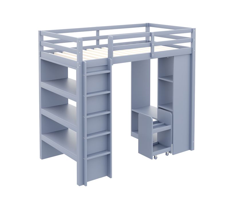 Lit Mezzanine 90x200 Cm Avec Étagères, Penderie Et Chariot De Rangement, Gris