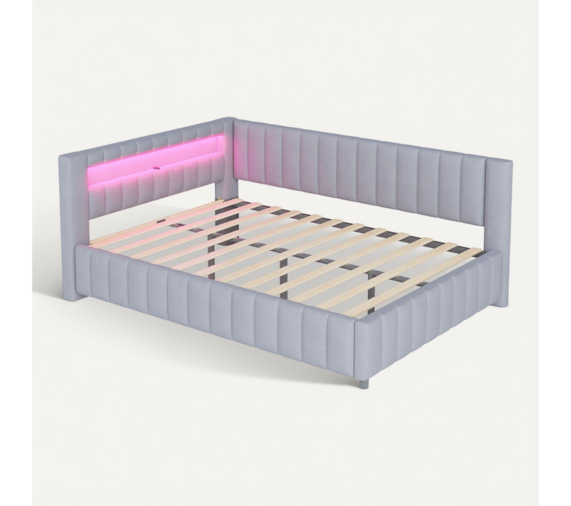 Canapé-lit 140x200 Cm En Velours Avec LED Et Port USB, Coloris Gris Clair