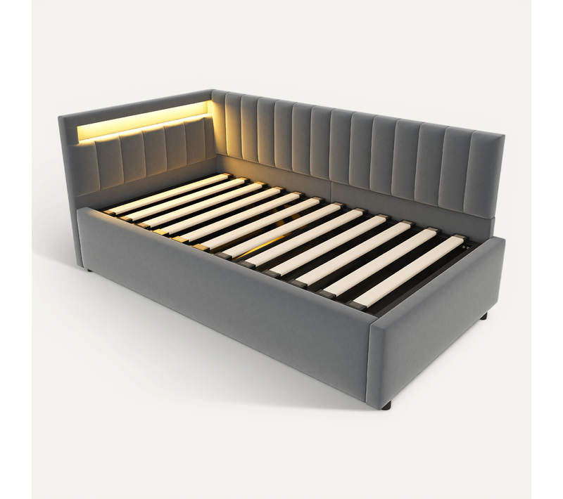 Canapé-lit 90x200 Cm En Velours Gris Foncé Avec LED, Rangement Hydraulique Et Sommier