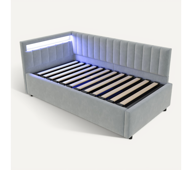 Canapé-lit 90x200 Cm En Velours Gris Clair Avec LED, Rangement Hydraulique Et Sommier