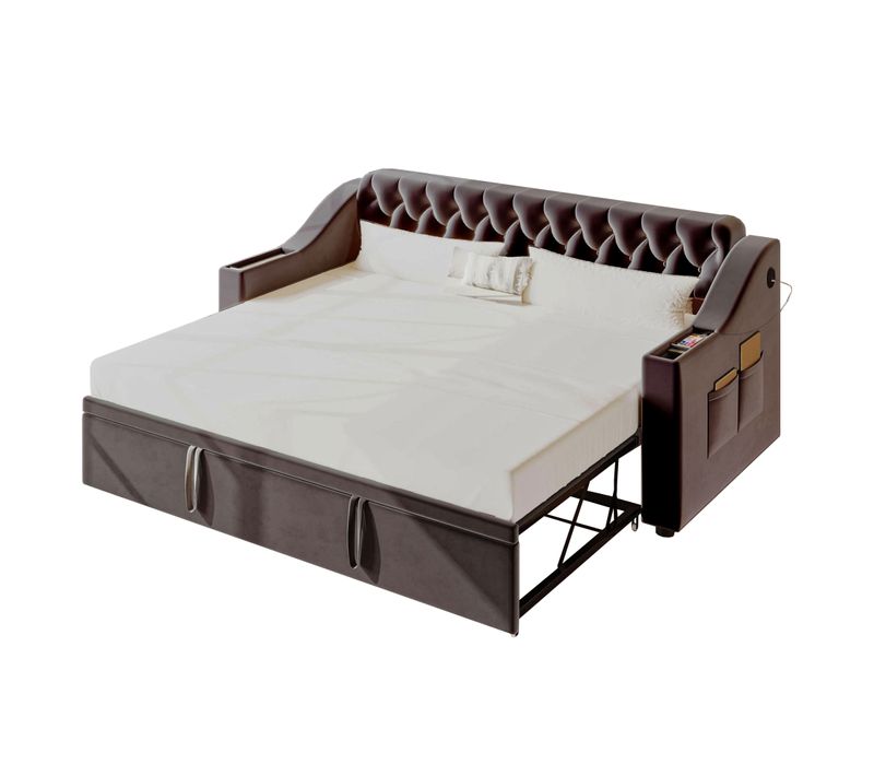 Canapé-lit 90/180x190 Cm Velours Gris Foncé Avec Rangement Et USB Intégré