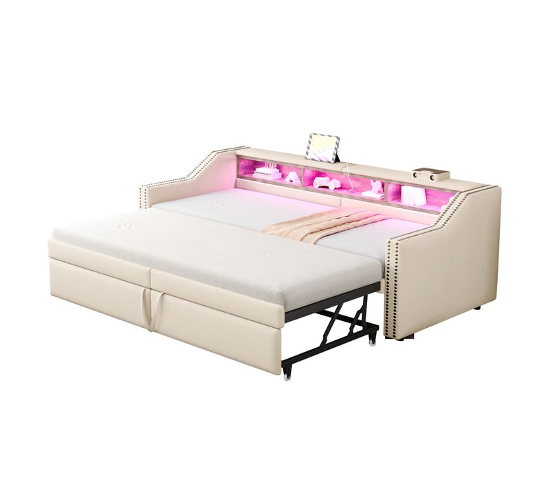 Canapé-lit Extensible 90/180x200 Cm Avec LED, USB Et Rangement Beige