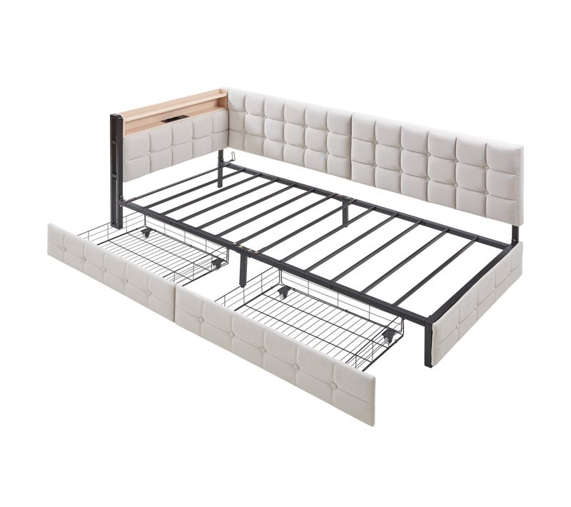 Lit enfant 90x200 Cm Avec LED, 2 Tiroirs, USB/type-c, Tissu Beige