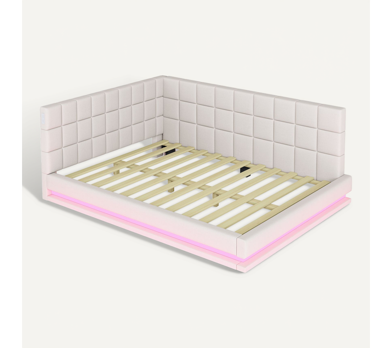 Lit Banquette 160x200 Cm En Velours Avec LED, Port USB Et Sommier Intégré, Beige