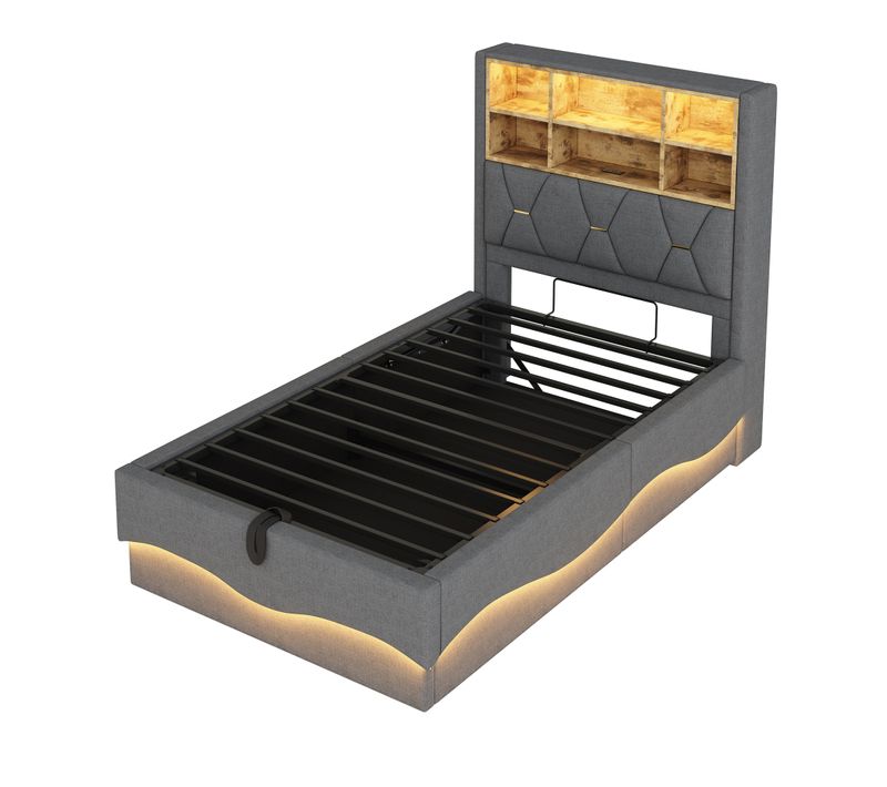 Lit Enfant 90x200 Cm Avec Rangement Hydraulique, LED Rgb Contrôlable, USB, Tissu Lin Gris