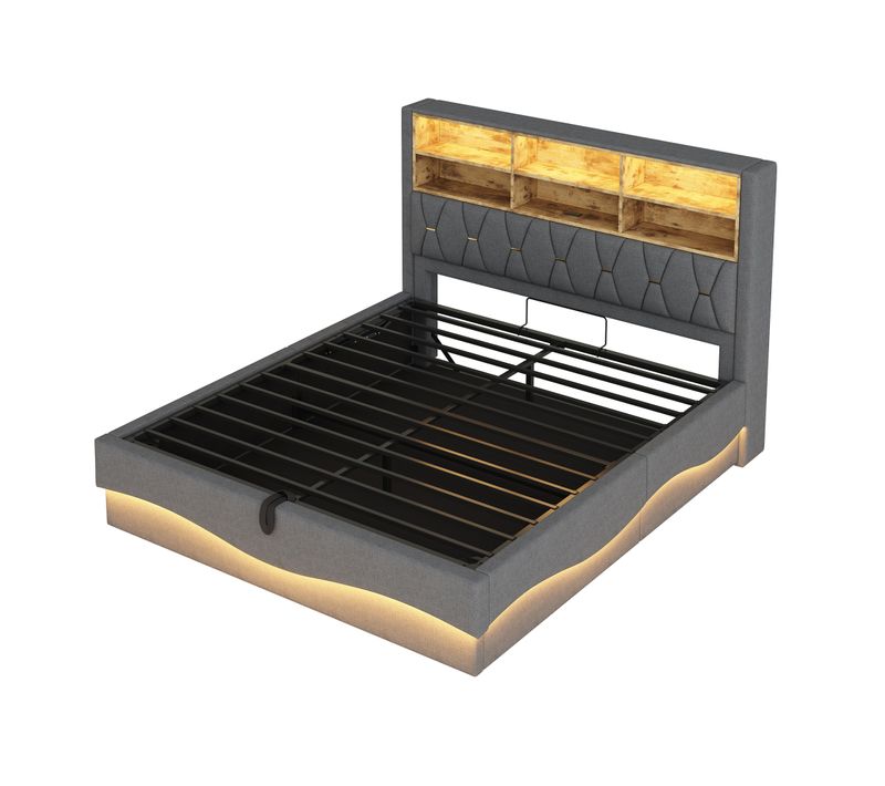 Lit Double 180x200 Cm Avec Rangement Hydraulique, LED Rgb Contrôlable, USB, Tissu Lin Gris