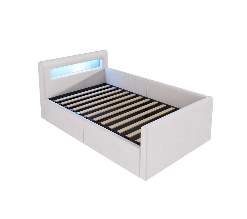 Lit Enfant 90x200 Cm Avec LED, Port USB, Rangement Hydraulique Et Étagère, Tissu Velours Beige