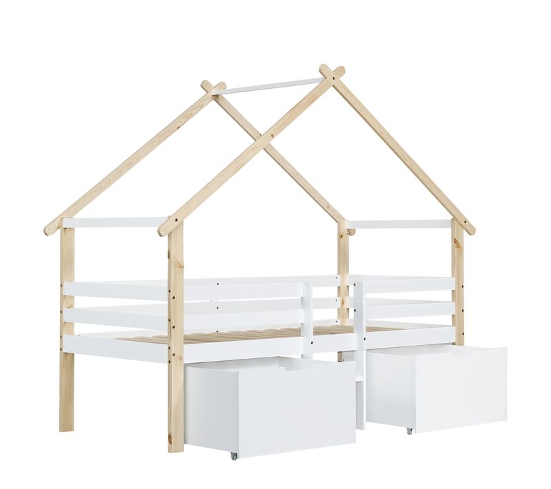 Lit Cabane Mi-hauteur 90x200 Cm Avec Escaliers Et Rangements, Bois Blanc Et Naturel