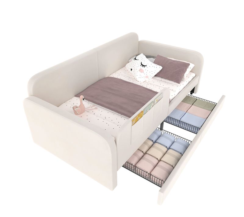 Lit D'enfant Rembourré 90x200 Cm Avec Tiroirs, Poches De Rangement Et Sommier En Métal, Blanc