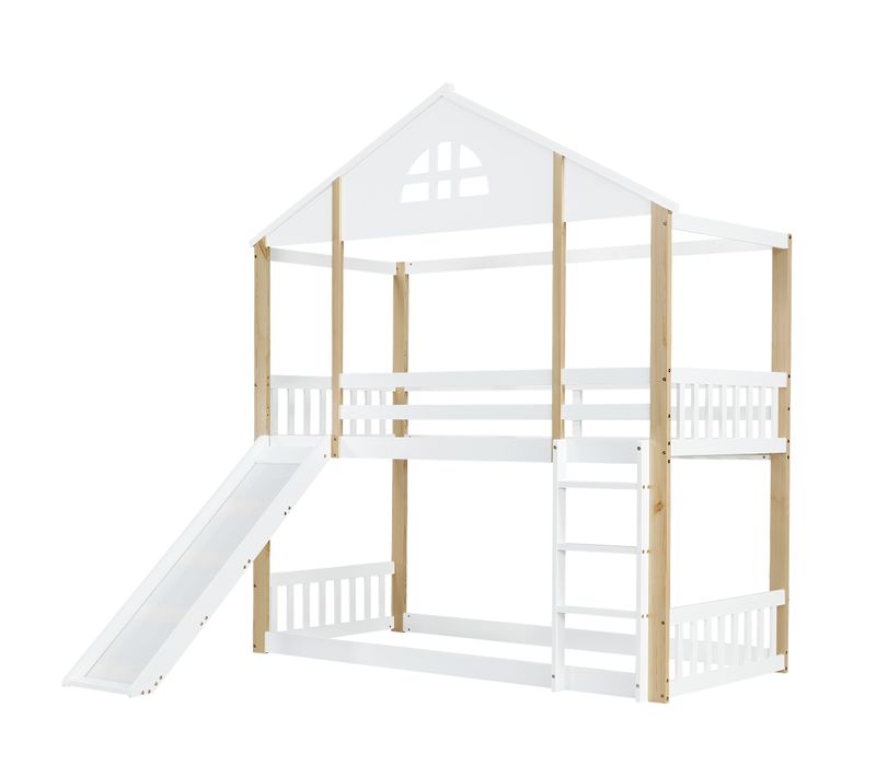 Lit Superposé Maison Avec Toboggan, Escalier 3 Marches, Bois Massif Blanc/naturel 90x200 Cm