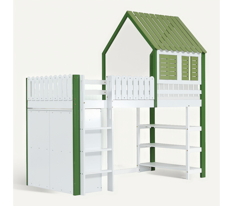 Lit Mezzanine Enfant Avec Rangement, Armoire Et Toit, 90x200 Cm, Blanc Et Vert
