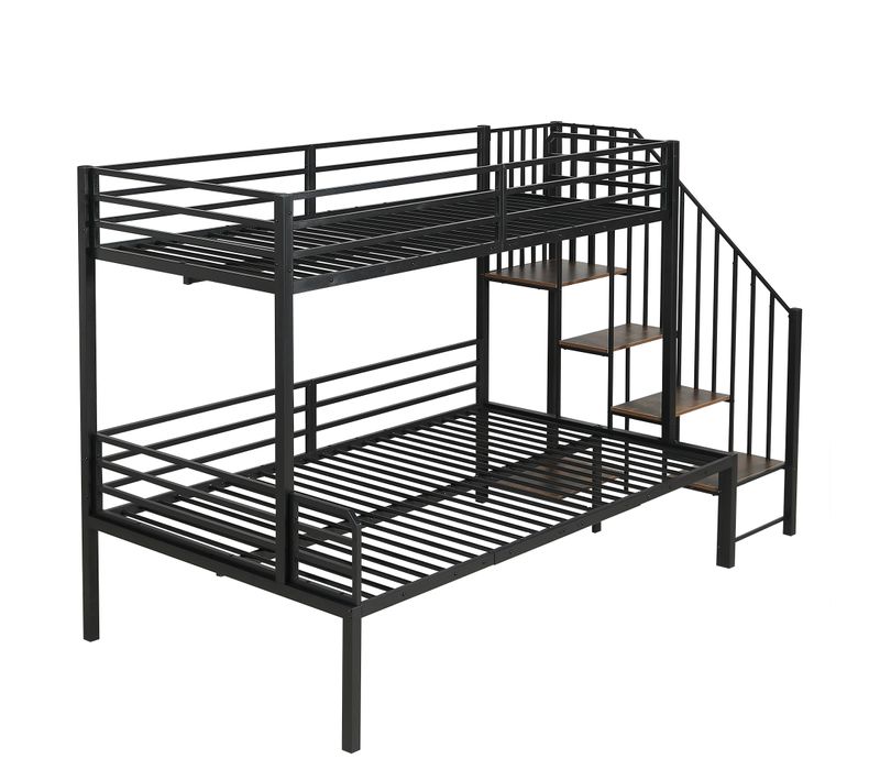 Lit Superposé Métal 90x200 Et 120x200 Cm Avec Escalier-rangement Intégré Noir Et Bois Vintage
