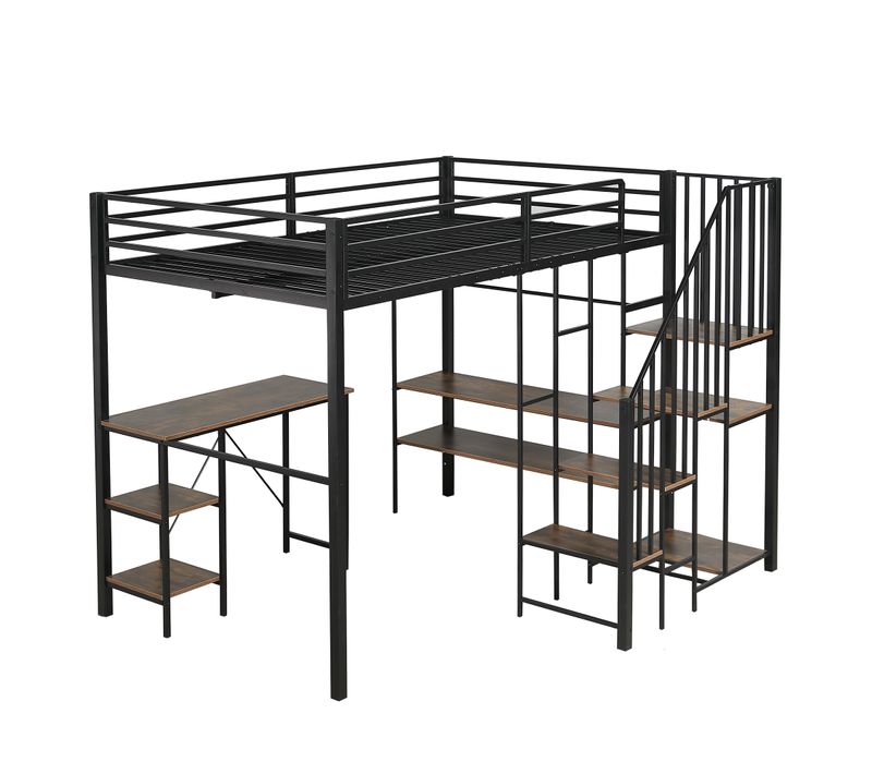 Lit Mezzanine Métal 120x200 Cm Avec Bureau, Penderie Ouverte Et Escalier-rangement