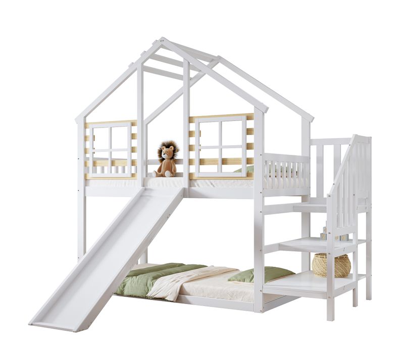 Lit Superposé Cabane Enfant 90x200 Cm Bois Blanc Avec Toboggan Et Fenêtre