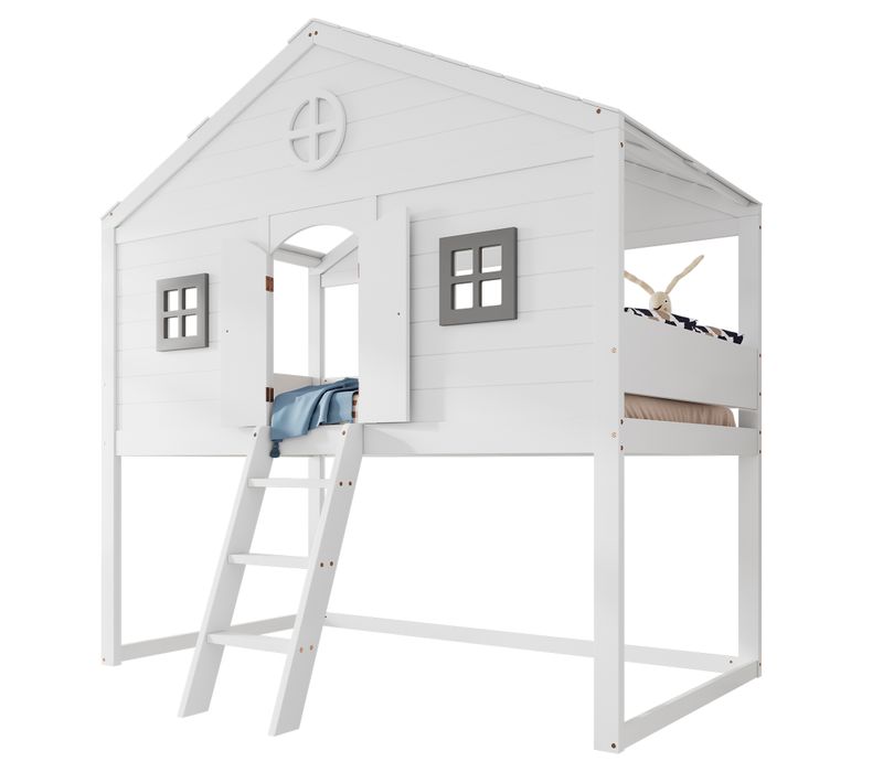Lit Mezzanine Enfant 90x200 Cm Avec Escaliers, Fenêtres Grises Et Espace Libre