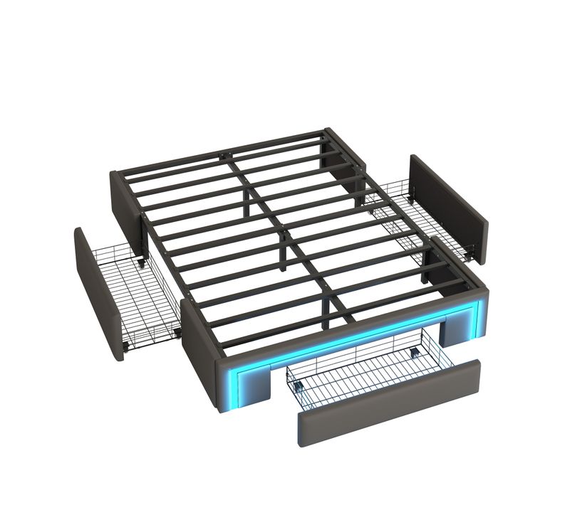 Cadre De Lit 160x200 Cm Gris En Simili Cuir Avec Tiroirs Et LED Intégrée
