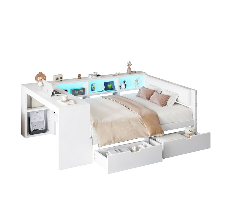 Lit Plateforme 140x200 Cm Blanc Avec Rangements, LED Multicolores Et Tête Rembourrée