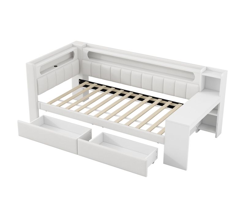 Lit Banquette 90x200 Cm Blanc Avec LED, USB, Bureau Et 2 Tiroirs