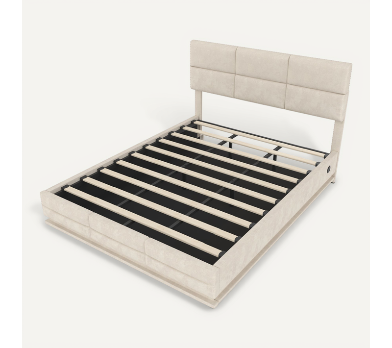 Lit Moderne En Velours 180x200 Cm Avec Tête Réglable, LED, USB Et Rangement, Beige