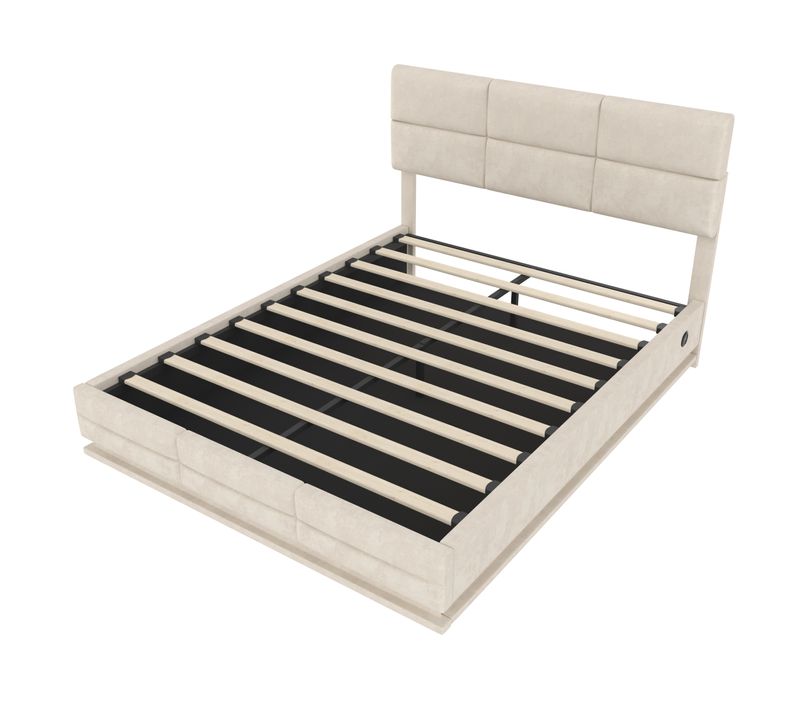Lit Moderne En Velours 160x200 Cm Avec Tête Réglable, LED, USB Et Rangement, Beige