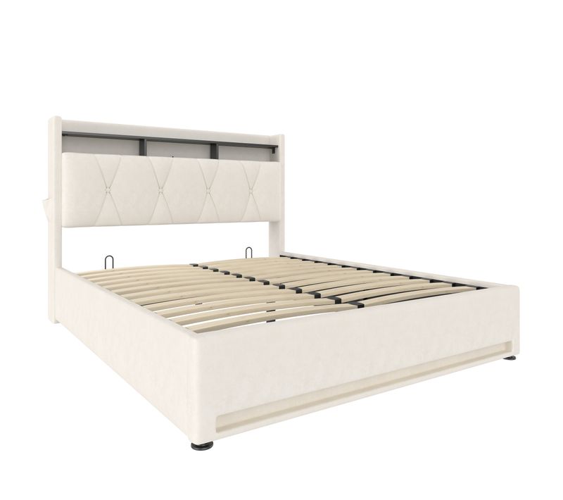Cadre De Lit Tapissé 140x200 Cm Avec Éclairage LED, Rangement Intégré Et USB Type-c, Beige